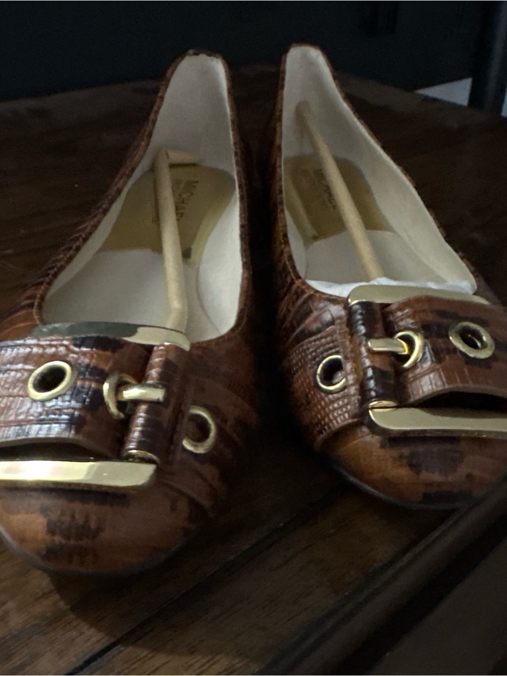 Michael Kors Brown Textured Ballet Flats with Gold Buckle